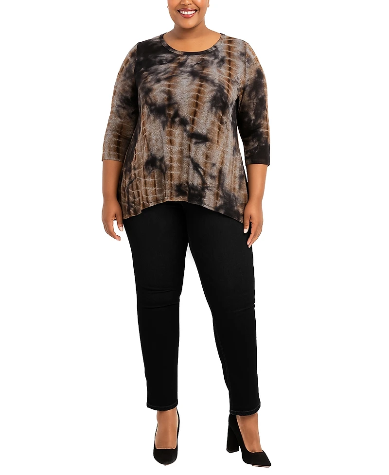 Coin 1804 Plus Tie Dye Cozy Button Back 3/4 Sleeve Top