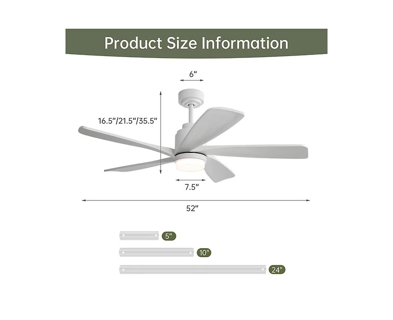 52-inch Modern Stylish White 5-Blade Ceiling Fan with Remote Control and Light Source