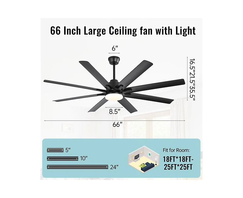 66-inch Modern Black 8-blade Ceiling Fan with Intelligent Remote Control and App Timing Function for Various Indoor Layouts