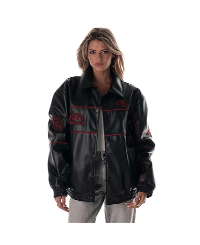 The Wild Collective Women's Black San Francisco 49ers Faux Leather Full-Snap Racing Jacket