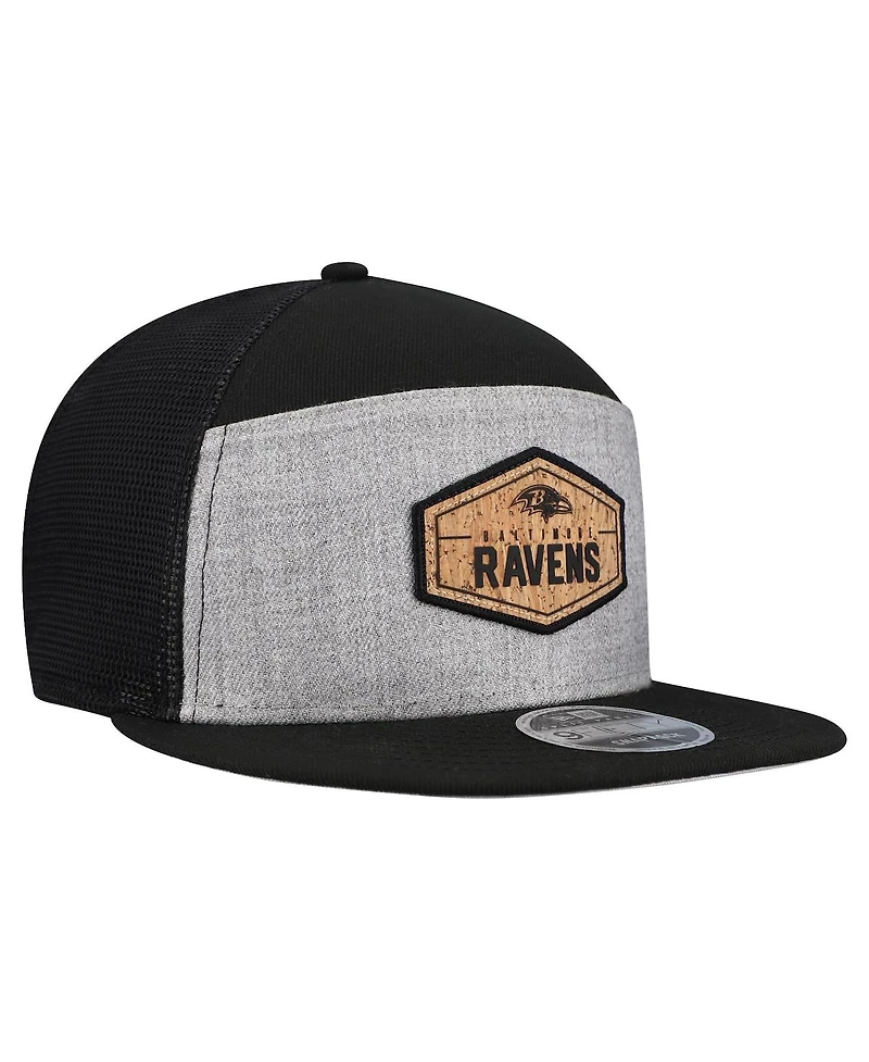 New Era Men's Gray/Black Baltimore Ravens Cork Split Panel 9FIFTY Trucker Snapback Hat
