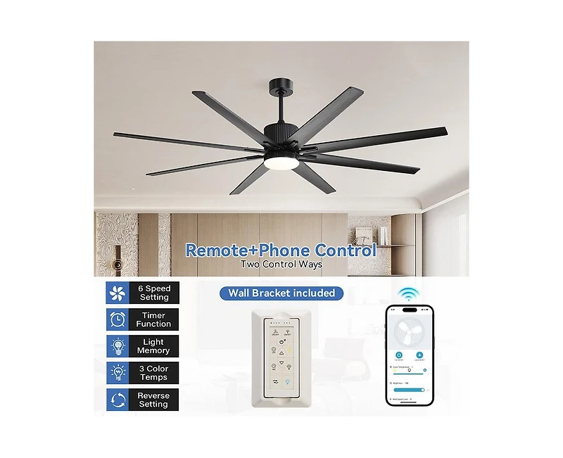 76-inch Modern and Simple Black 8-Blade Ceiling Fans with Remote Control and Lighting Kit