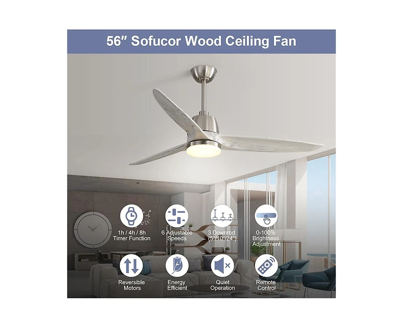 56-inch Modern Golden 3 Solid Wood Blade Tri Color Dimming Ceiling Fan with Six Speed Remote Control and Forward Reverse Function for Indoor