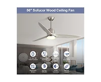 56-inch Modern Golden 3 Solid Wood Blade Tri Color Dimming Ceiling Fan with Six Speed Remote Control and Forward Reverse Function for Indoor