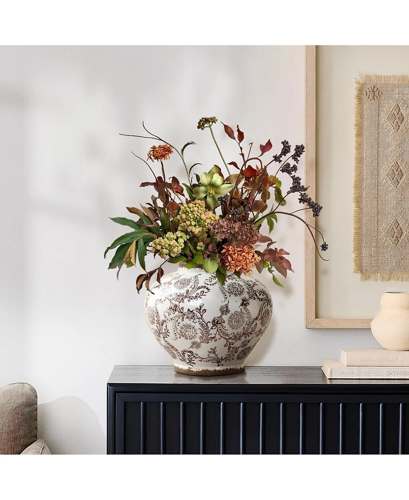 LuxenHome Brown Floral Wide-Mouth Waterproof Ceramic Vase, 8.66" Round Indoor Home Decor