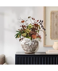 LuxenHome Brown Floral Wide-Mouth Waterproof Ceramic Vase, 8.66" Round Indoor Home Decor