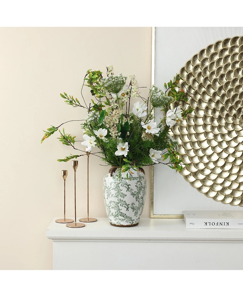 LuxenHome Green Floral Wide-Mouth Waterproof Ceramic Vase, 7.28" Round Indoor Home Decor