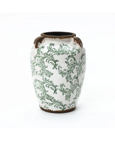 LuxenHome Green Floral Wide-Mouth Waterproof Ceramic Vase, 7.28" Round Indoor Home Decor