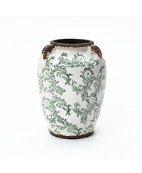 LuxenHome Green Floral Wide-Mouth Waterproof Ceramic Vase, 7.28" Round Indoor Home Decor
