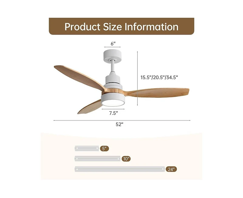 Sofucor 52-inch Simple and Grand Style White 3-Blade Ceiling Fan with Remote Control and Light Source