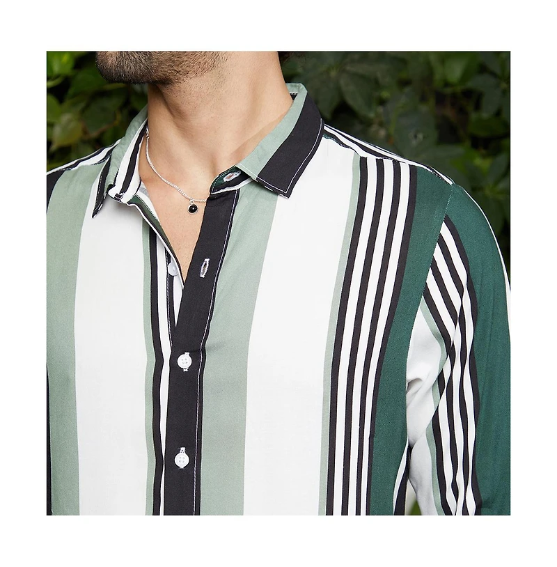 Campus Sutra Men's Jungle Green & Cream White Multitrack-Striped Shirt