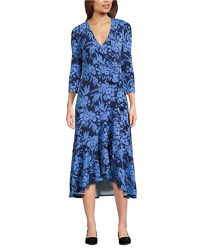 Lands' End Women's Cotton Modal 3/4 Sleeve Vneck Wrap Dress