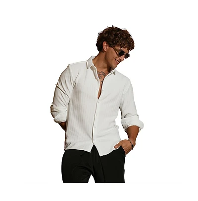 Campus Sutra Men's Chalk White Chevron-Panel Tactile Shirt