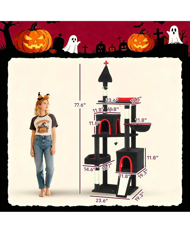 PawHut Gothic Cat Tree, 78" Cat Tower with Coffin Bed, Halloween