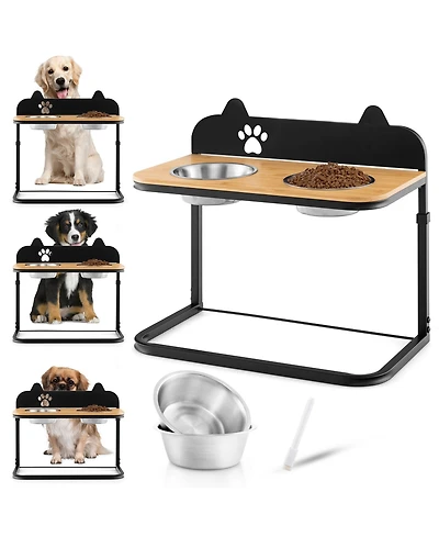 Gymax Elevated Dog Bowls 3 Adjustable Heights with 2 Stainless Steel Food Water Bowls