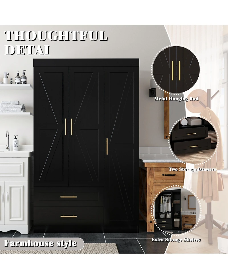 Freestanding Wood Bedroom Armoire with Hanging Rod and Shelves