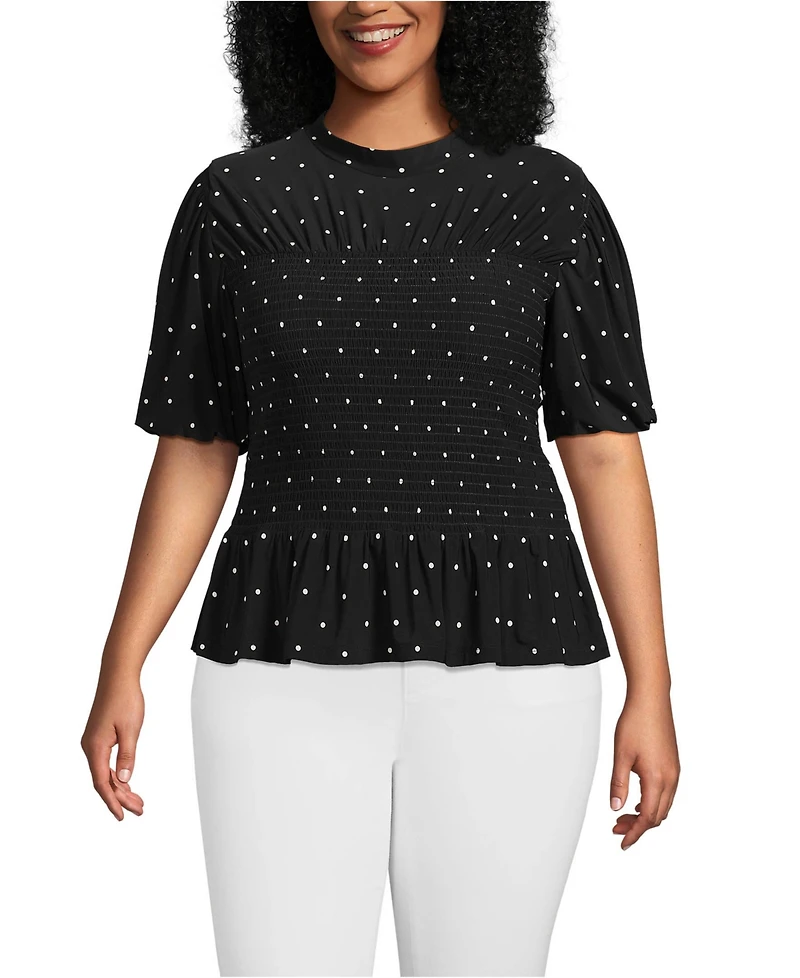 Lands' End Plus Bubble Sleeve Silky Knit Smocked Mock Neck Top