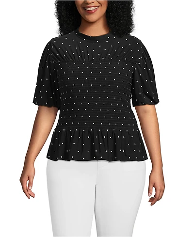 Lands' End Plus Bubble Sleeve Silky Knit Smocked Mock Neck Top