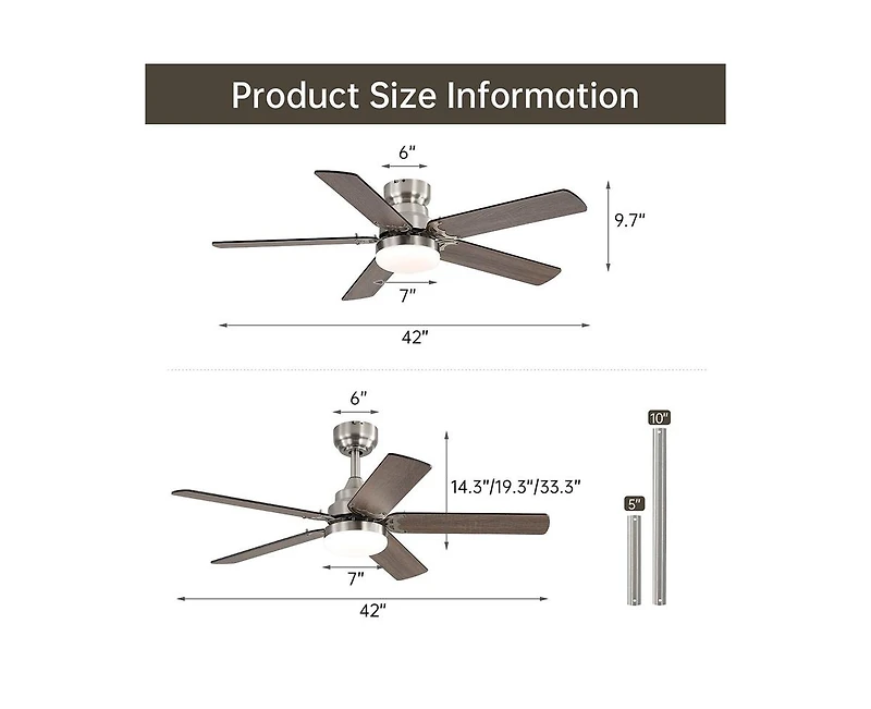 42-inch Modern Minimalist Sand Nickel 5-Blade Ceiling Fans with Led Lights and Remote Control