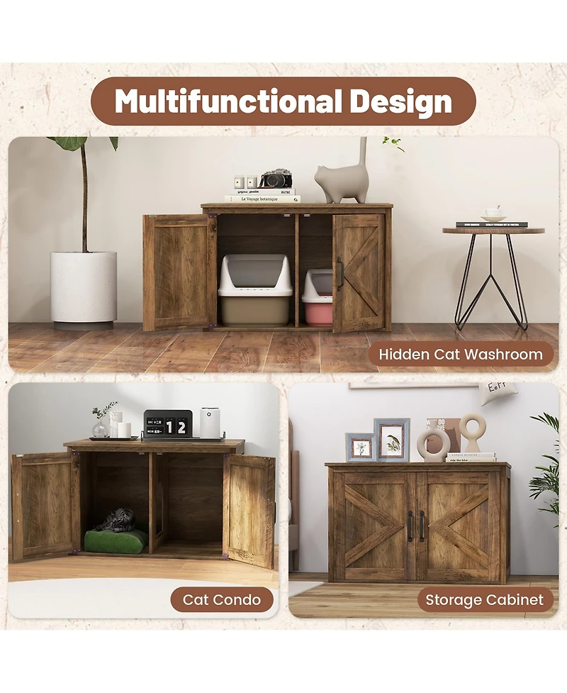 Gymax Cat Litter Box Enclosure w/ Double Barn Doors Removable Divider Middle Entry