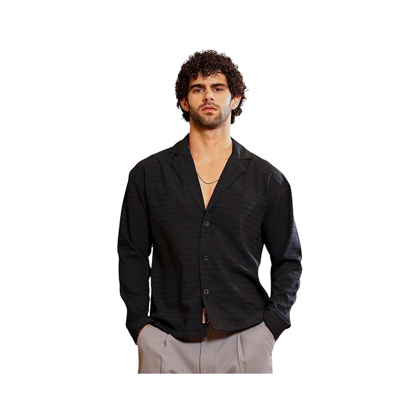 Campus Sutra Men's Onyx Black Striped Cuban Shirt