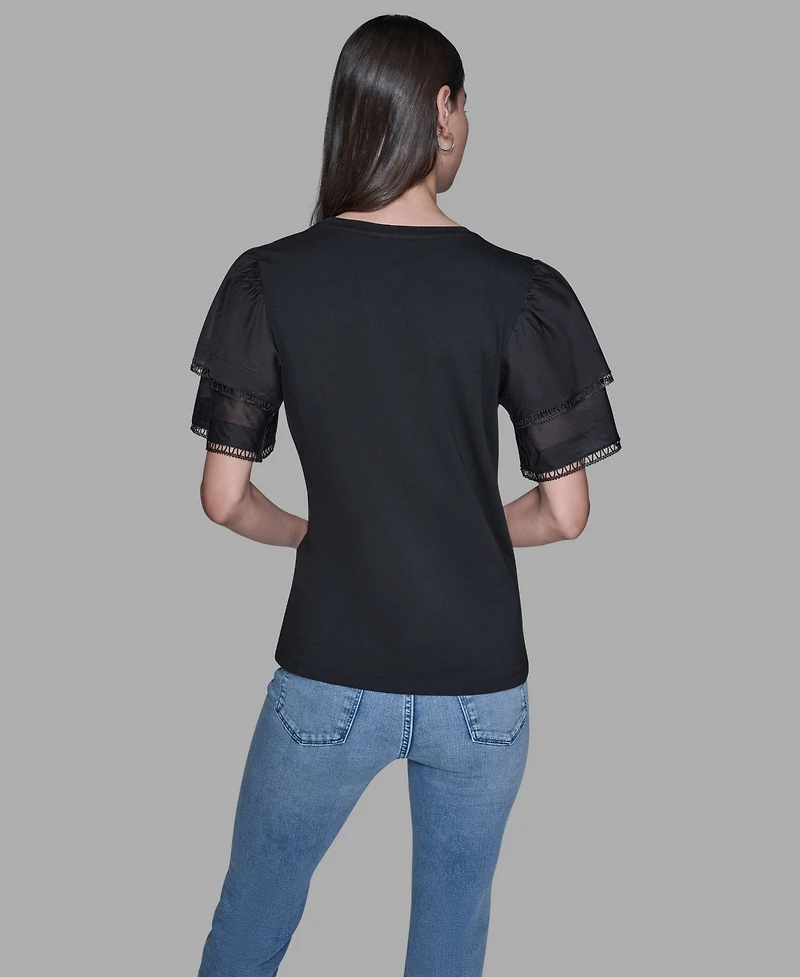 Karl Lagerfeld Paris Women's Ruffled Crewneck Floral Top