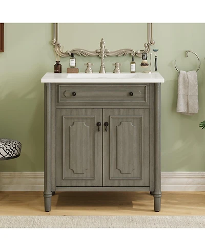 Boyel Living 31" Vintage Bathroom Vanity with Sink, Soft-Close Doors, Curved Profile & Adjustable Shelf, Gray