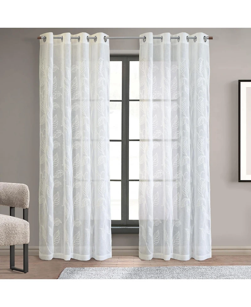 Habitat 100% Polyester Lausanne Sheer Chenille Leaf Delightful Texture Grommet Curtain Panel 52" x 84" Off White