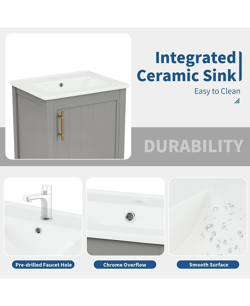 20" Bathroom Vanity with Sink, Cabinet Soft Closing Door, Storage Rack and Open Shelf, White