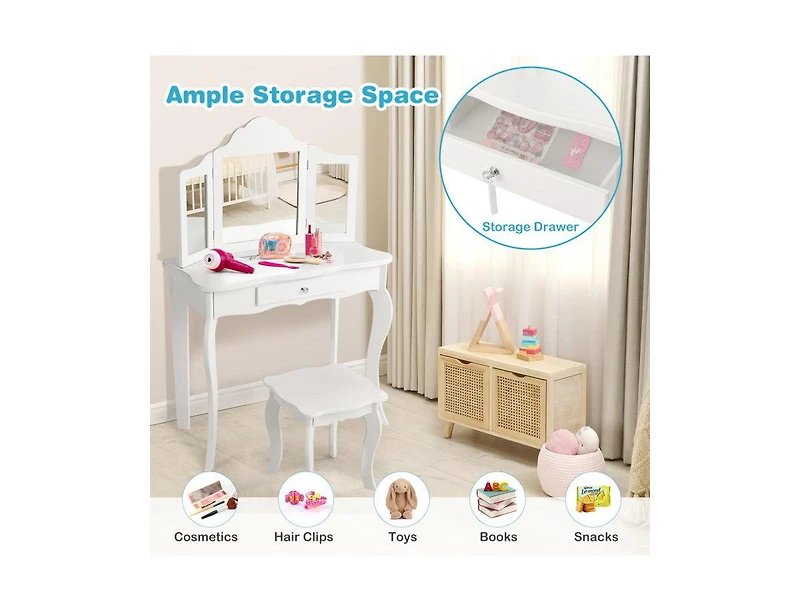 Kids Dressing Vanity Set with Detachable Tri-Folding Mirror and Stool,Pink