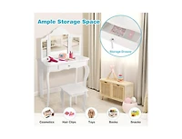 Kids Dressing Vanity Set with Detachable Tri-Folding Mirror and Stool,Pink