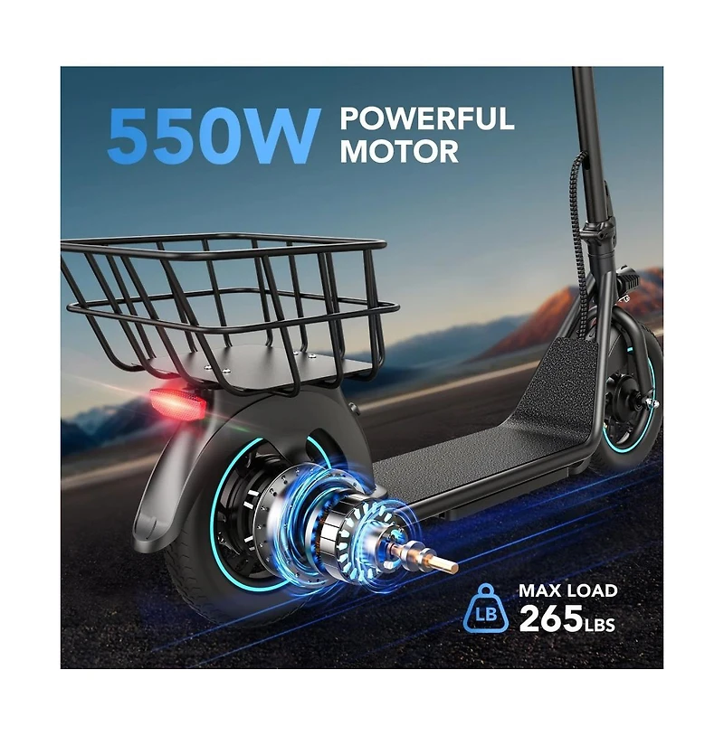 Folding Electric Scooter for Adults: 12" Solid Tires, Basket, 550W Motor, Up to 20 Miles Range.