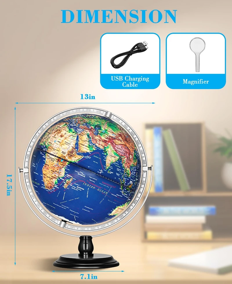 Sugift 13-Inch Raised Relief Light-Up Globe with Ar App – Interactive Led Educational World Globe for Kids