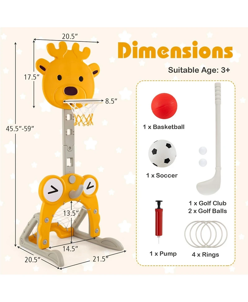 4-in-1 Toddler Height Adjustable Basketball Hoop with Ring Toss for 3+ Kids