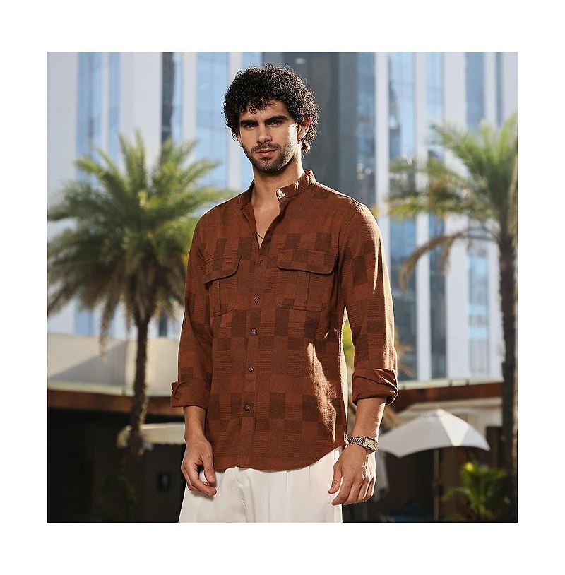 Campus Sutra Men's Russet Brown Mandarin Utility Shirt