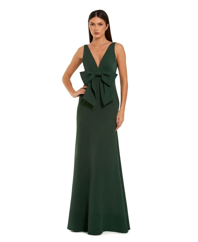 Mac Duggal Women's Crepe Sleeveless V Neck Column Dress With Bow