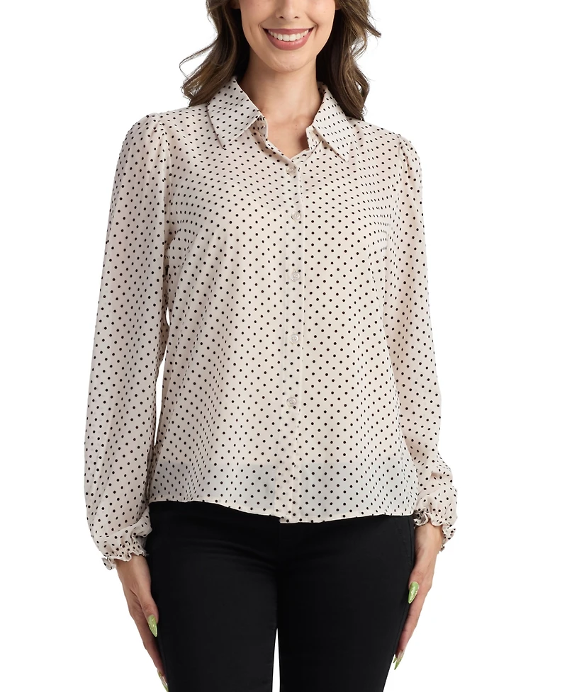 Bcx Juniors' Flocked Dot Long-Sleeve Shirt