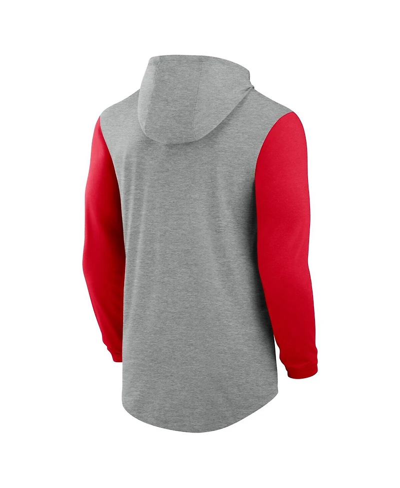 Nike Men's Gray/Scarlet Ohio State Buckeyes Basketball Color-Block Tri-Blend Dri-fit Long Sleeve Hoodie T-Shirt