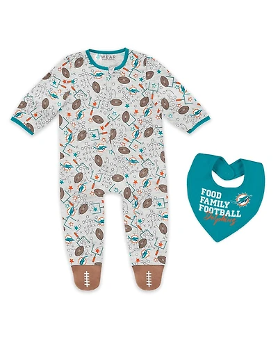 Wear by Erin Andrews Baby Boys and Girls Newborn 2-Piece Miami Dolphins Sleep Play Full-Zip Sleeper Bib Set