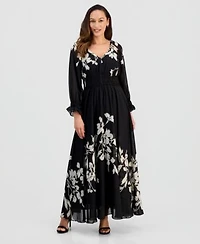 Taylor Womens Pleated Long Sleeve Chiffon Midi Dress