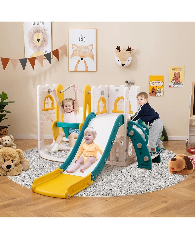 7-in-1 Toddler Swing and Slide Set L-shaped with Ladder and Basketball Hoop