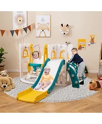 7-in-1 Toddler Swing and Slide Set L-shaped with Ladder and Basketball Hoop