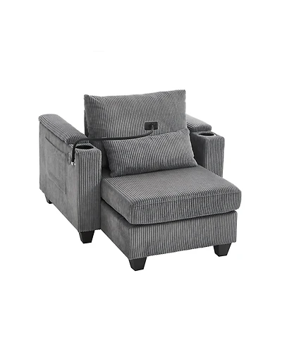Convertible Chaise Lounge 37.4 Inches Sofa Chair Bed Corduroy Sleeper with Usb Ports , Two Cup Holders, Phone Holder and Ample Storage Space