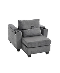 Convertible Chaise Lounge 37.4 Inches Sofa Chair Bed Corduroy Sleeper with Usb Ports , Two Cup Holders, Phone Holder and Ample Storage Space