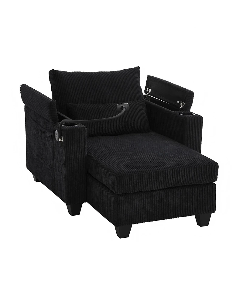 Convertible Chaise Lounge 37.4 Inches Sofa Chair Bed Corduroy Sleeper with Usb Ports , Two Cup Holders, Phone Holder and Ample Storage Space