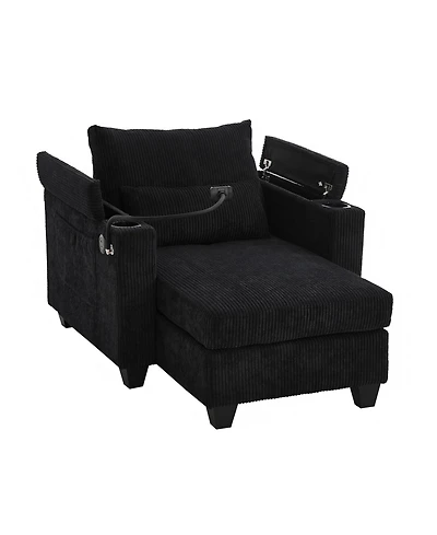 Convertible Chaise Lounge 37.4 Inches Sofa Chair Bed Corduroy Sleeper with Usb Ports , Two Cup Holders, Phone Holder and Ample Storage Space