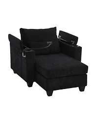 Convertible Chaise Lounge 37.4 Inches Sofa Chair Bed Corduroy Sleeper with Usb Ports , Two Cup Holders, Phone Holder and Ample Storage Space