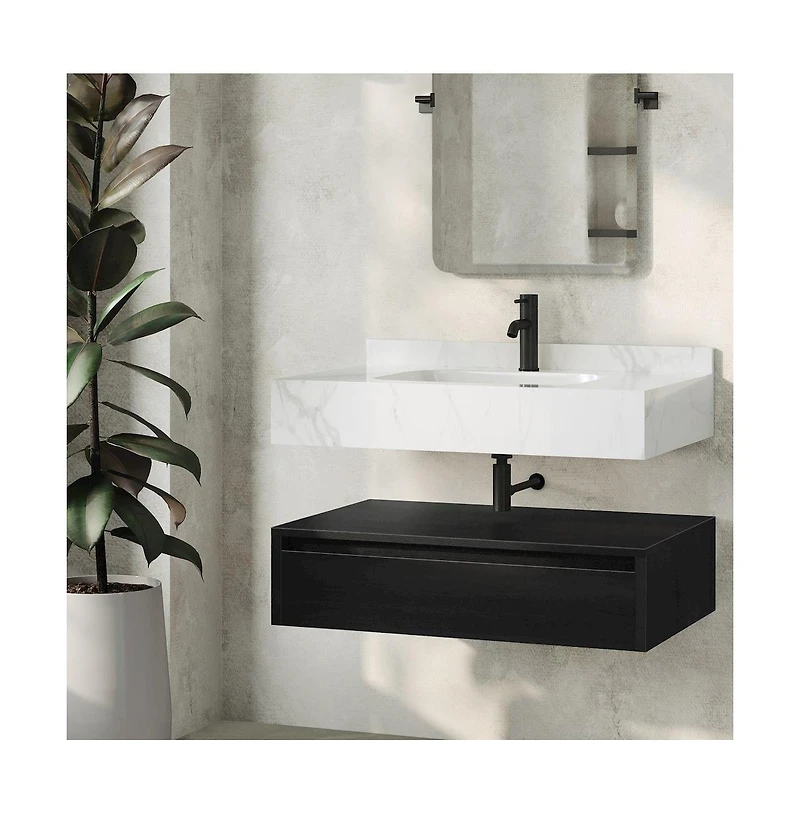 Swiss Madison Avancer 36" Wall-Mounted Bathroom Vanity in Oak with Marble Sink Top
