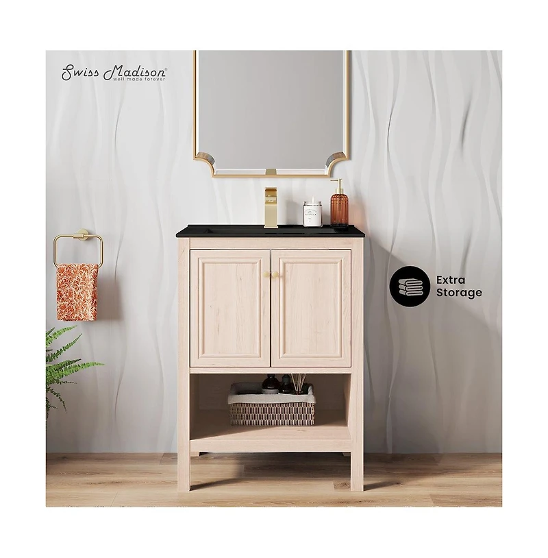 Swiss Madison Chateau 24" Freestanding Bathroom Vanity in White Oak with Black Sink Top