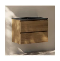 Swiss Madison 30" Wall-Mounted Bathroom Vanity in Brown Oak, Black 3-Hole Widespread Sink Top